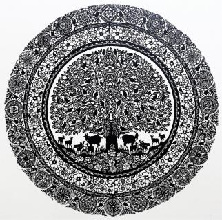 Der alte Geissbock mit seinen Geissen unter dem Vogelbaum, 46 cm ø